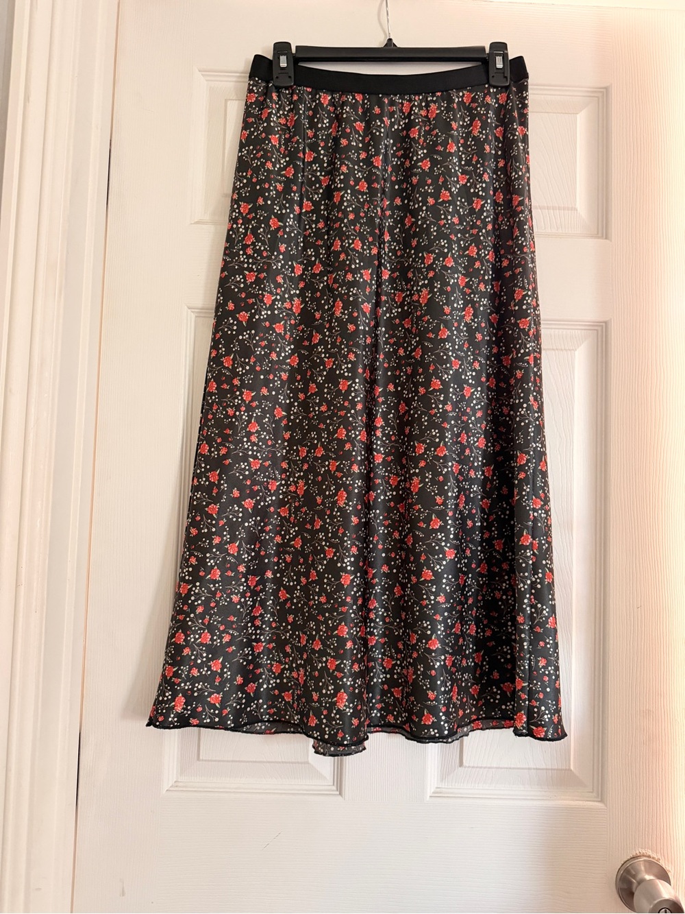 Black A-Line Midi Skirt with Red Floral Print